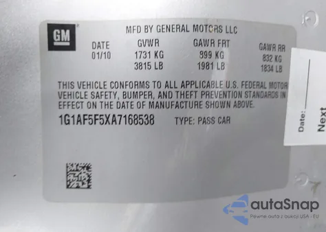 2010 Chevrolet Cobalt Lt from USA, damaged, VIN 1G1AF5F5XA7168538